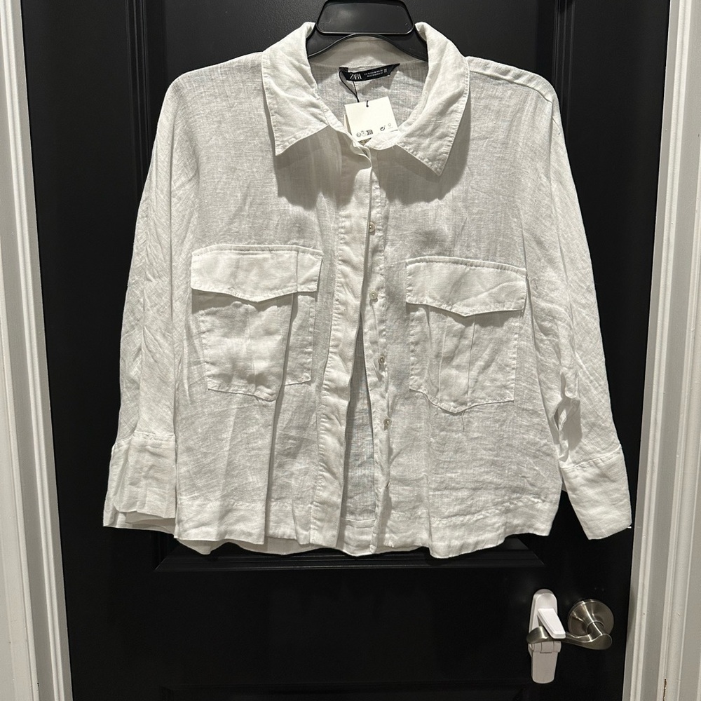 Zara Cropped White Linen Shirt XL NWT
